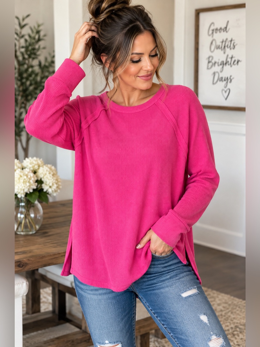 Zenana Pink Waffle Knit Long Sleeve Side Slit Top Size M